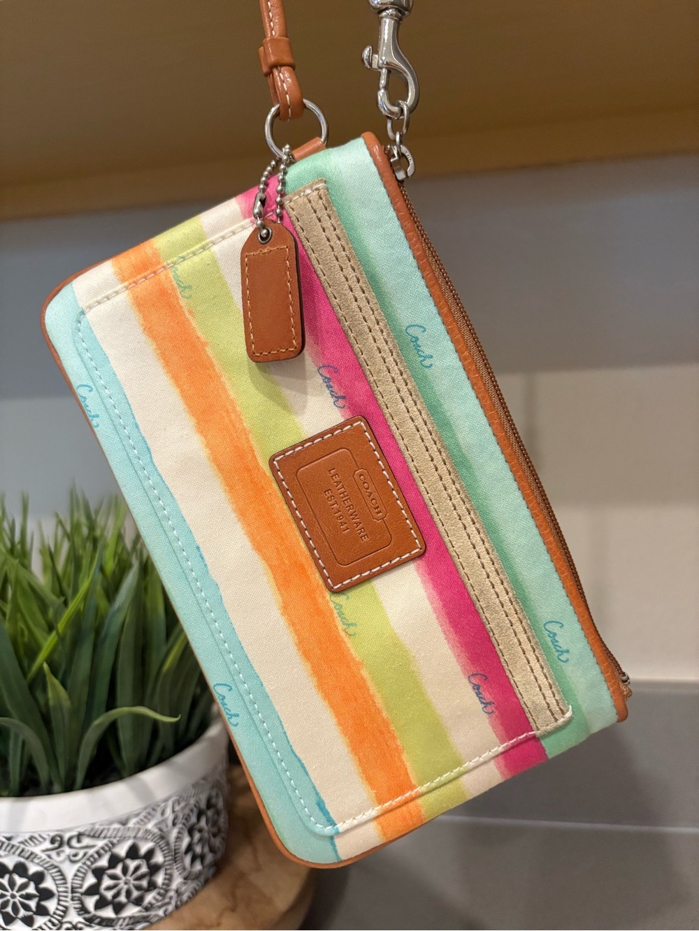 Coach Hampton Pastel Multicolor Striped Canvas Wristlet with Leather Trim
